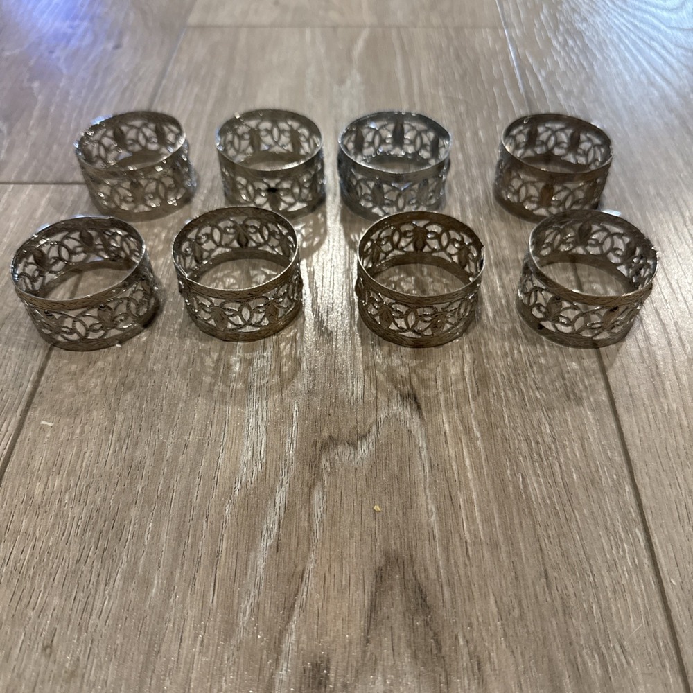 SET OF 8 VINTAGE‎ FILAGREE SILVER METAL NAPKIN RINGS 1 3/4'' DIAMETER X 1'' WIDE